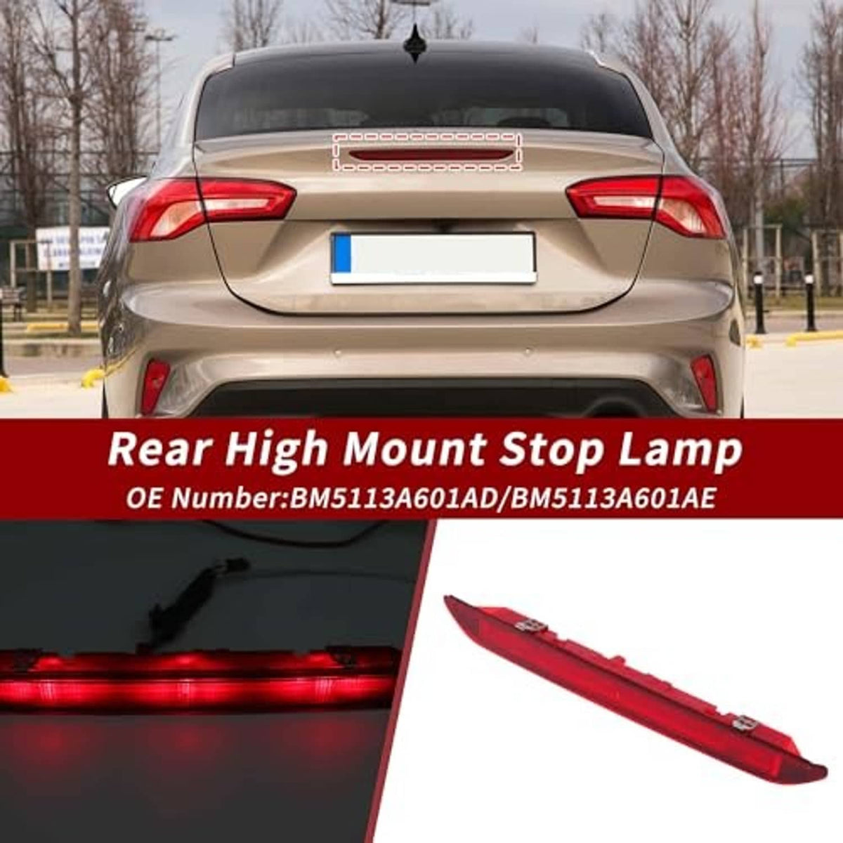 Red rear high mount stop lamp glowing on the back of a sedan