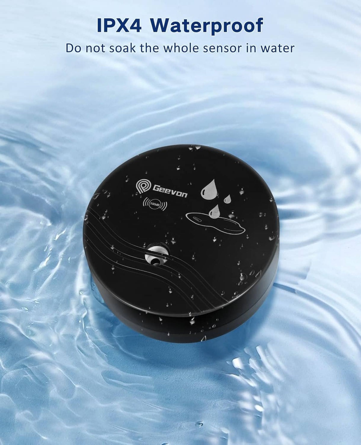 Geevon black waterproof water leak detector with droplet and water splash icons