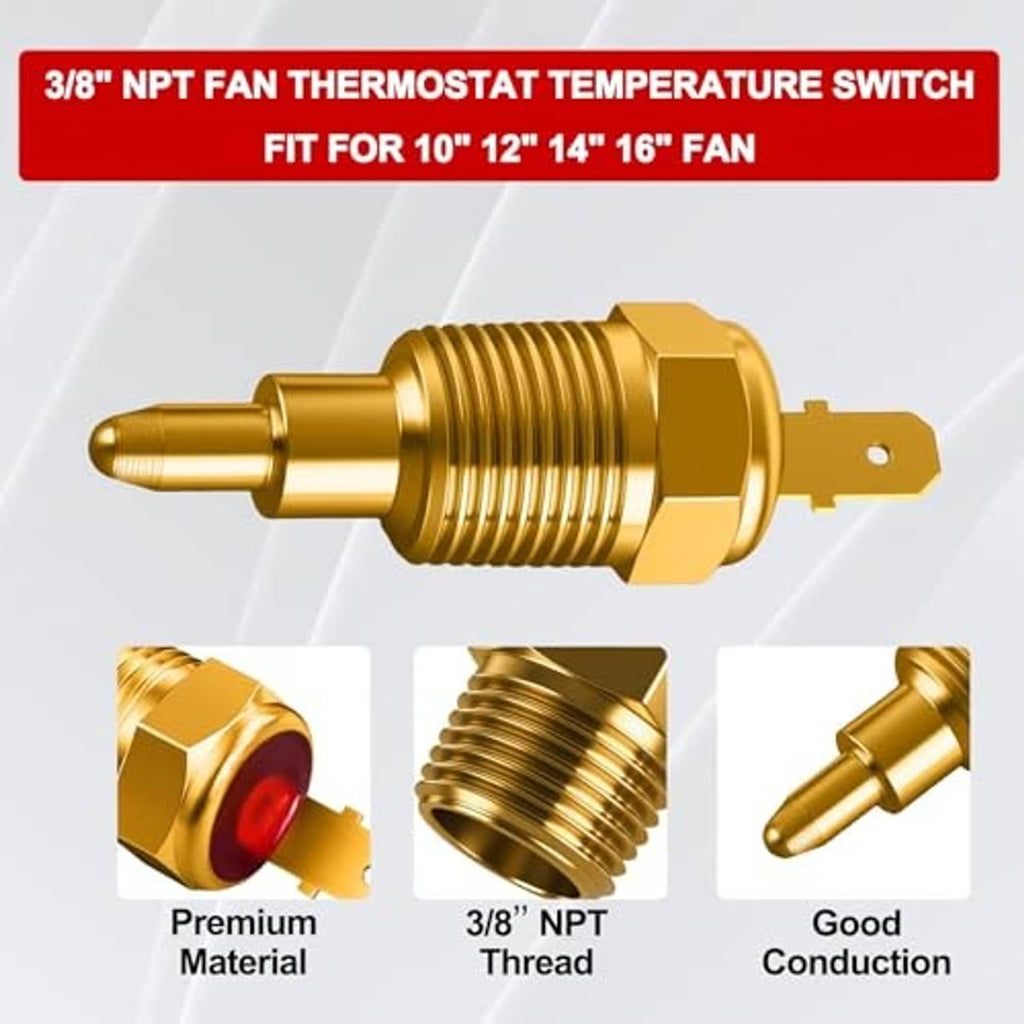Brass 3/8" NPT fan thermostat temperature switch with red sensing tip, close-up details