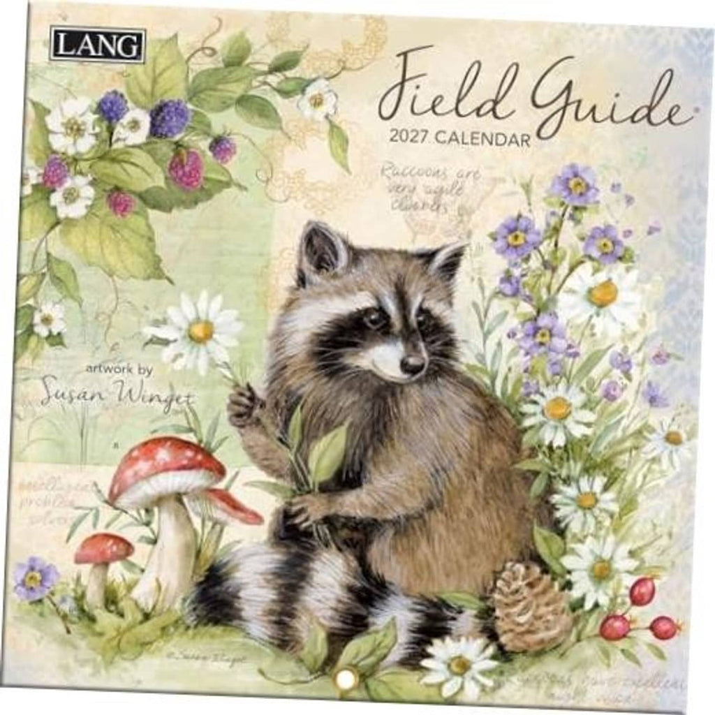 Mini wall calendar cover with raccoon, wildflowers, pinecones, and LANG logo