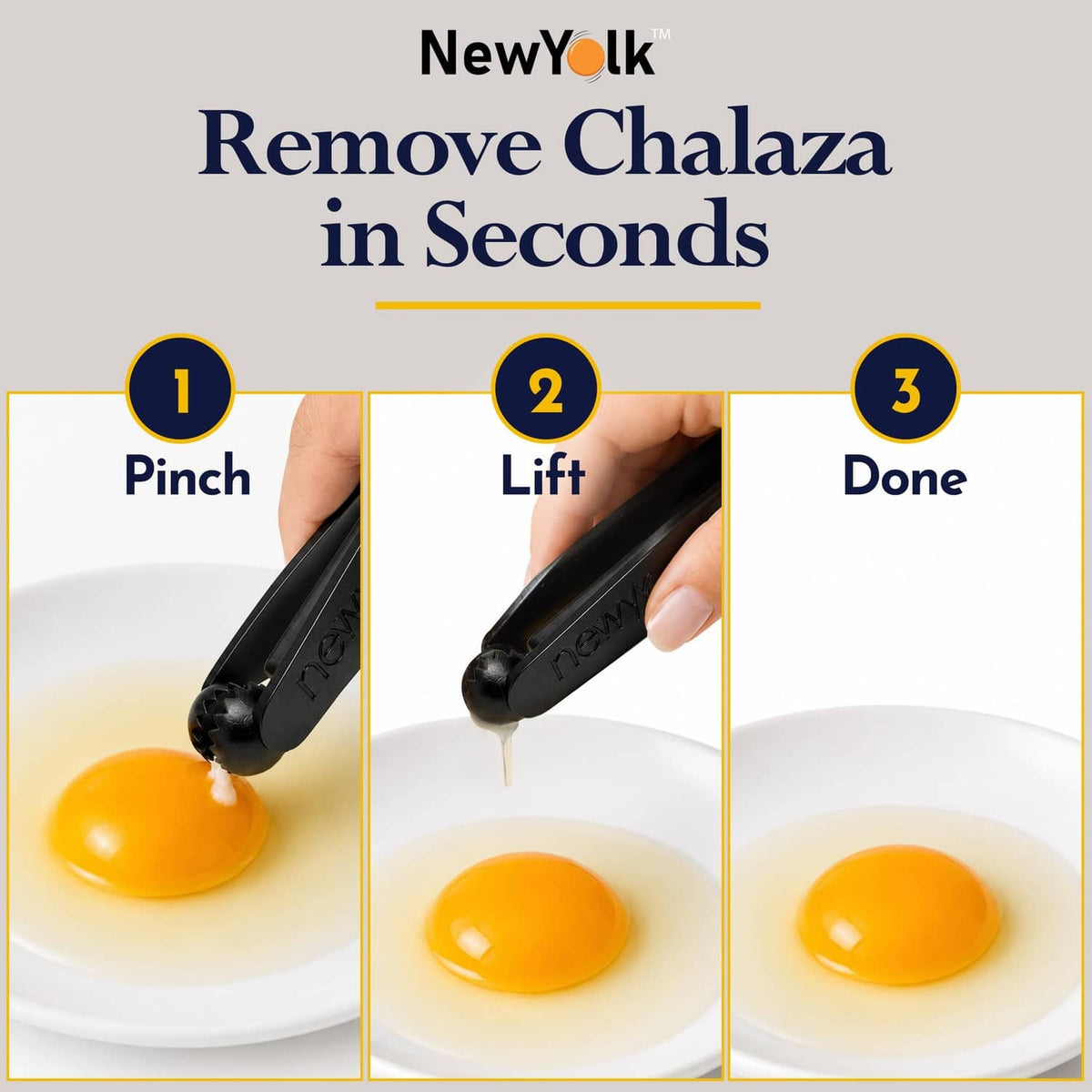 Black egg chalaza remover tool lifting a yolk from a white plate