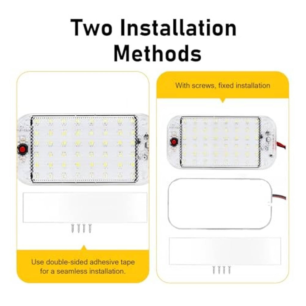 Car LED dome lights with adhesive and screw installation examples, clear casing panels