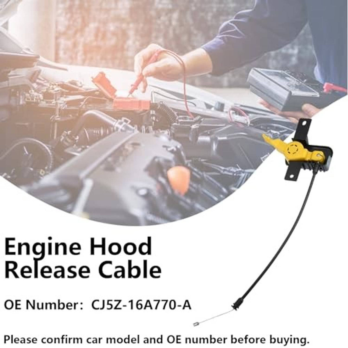 Engine hood release cable with yellow latch assembly and black cable for hood release