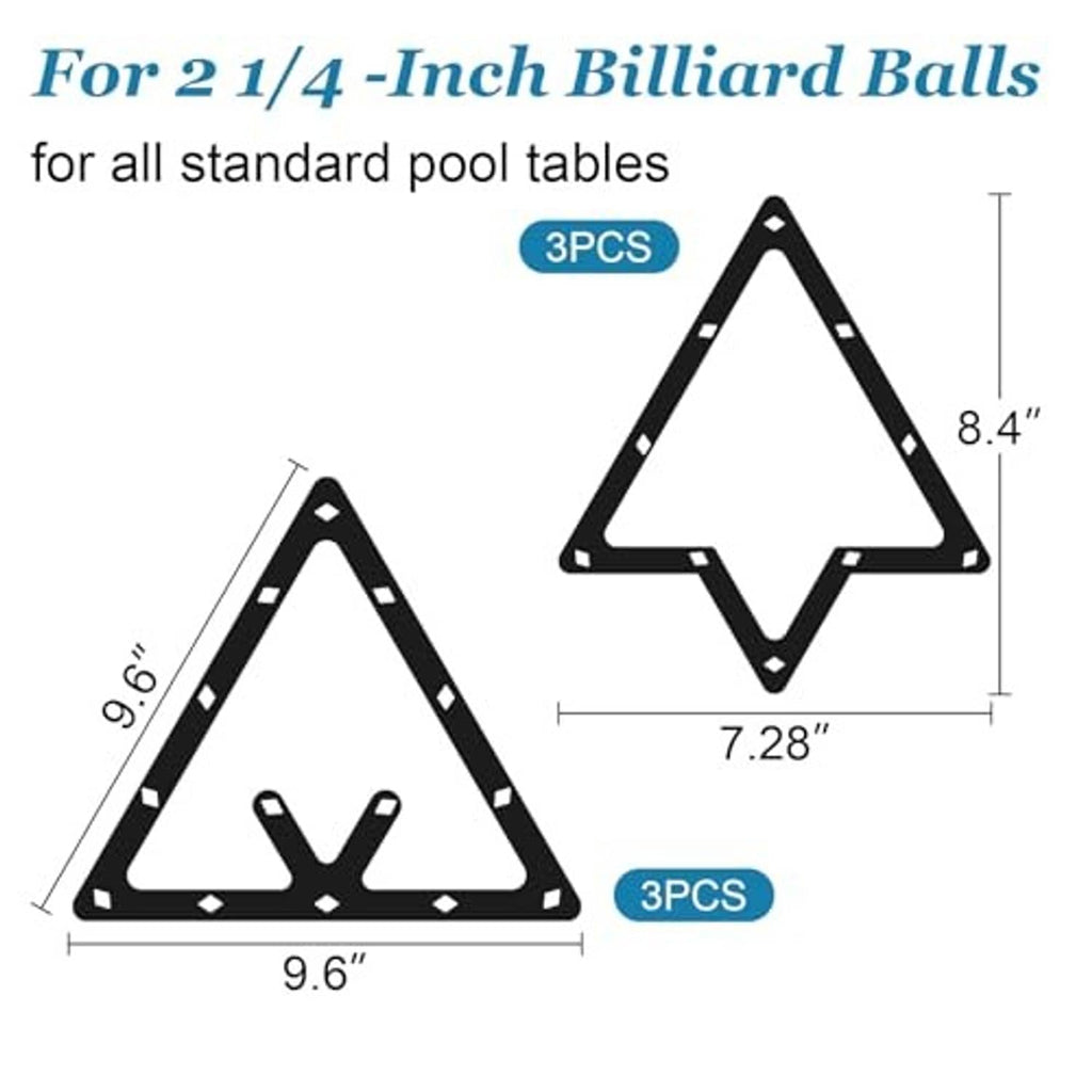 Two triangular pool ball rack frames for 1/4-inch billiard balls, 3-piece set