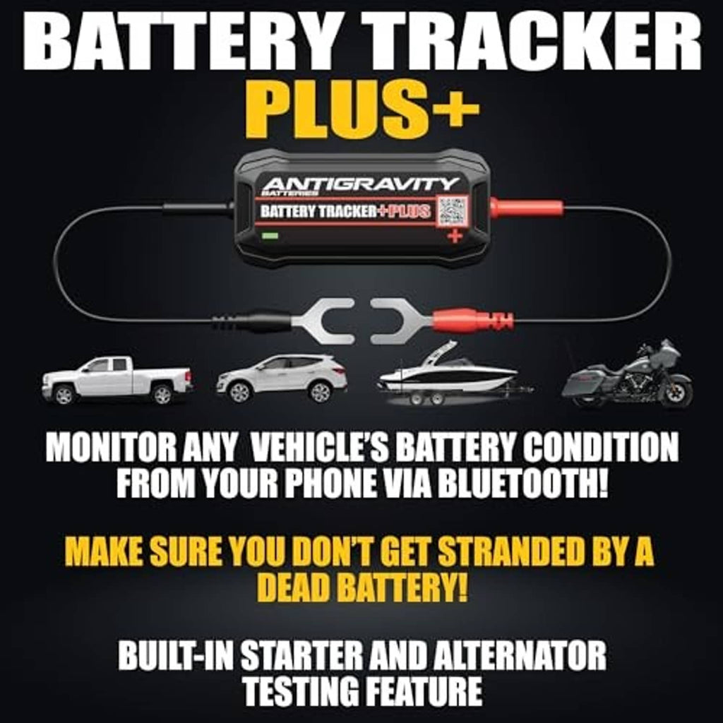 Battery tracker plus device with red and black cables connected to vehicle battery setup
