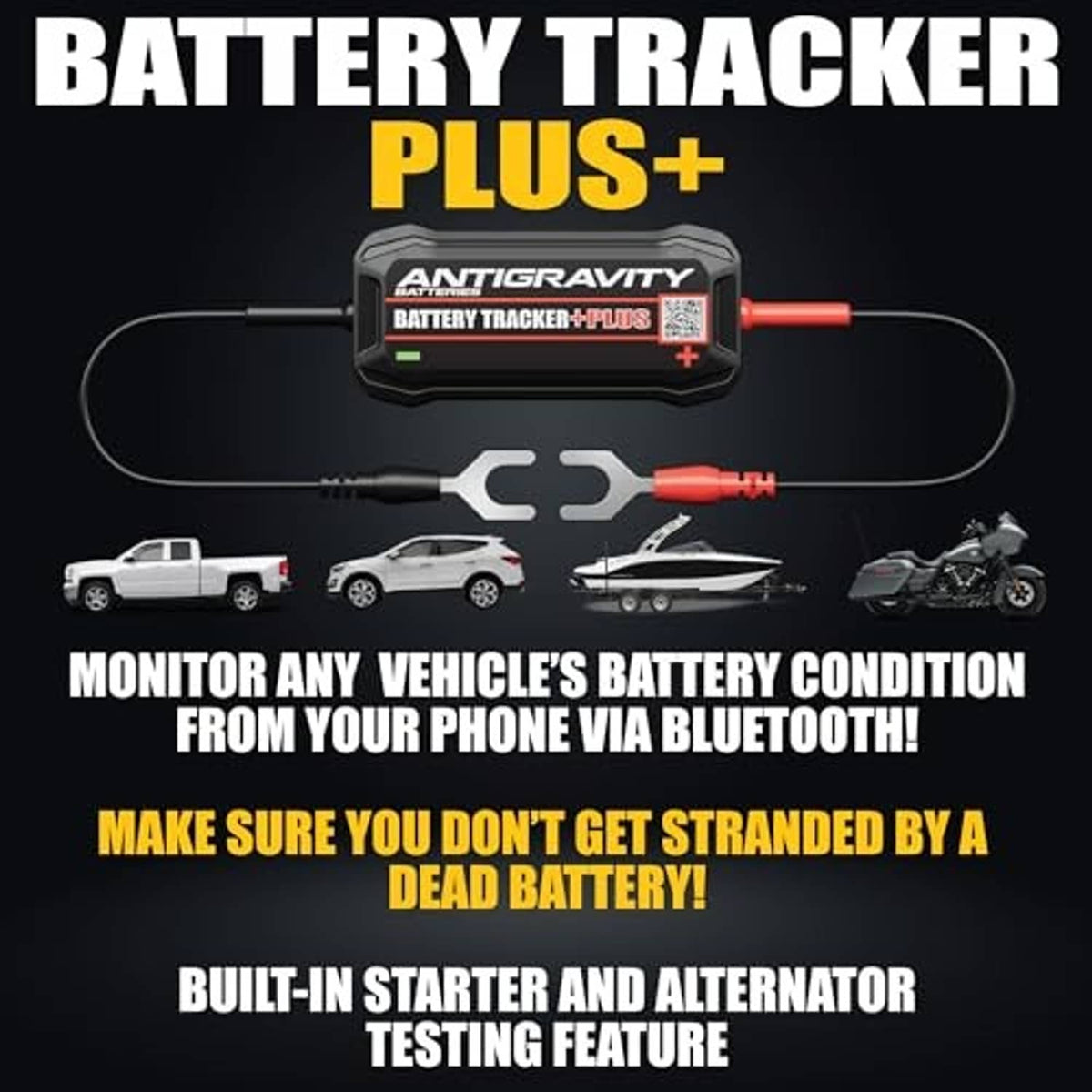 Battery tracker plus device with red and black cables connected to vehicle battery setup