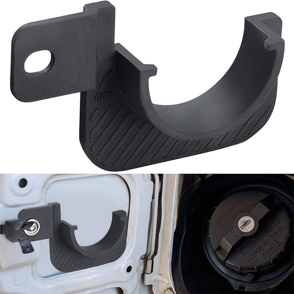 Black gas cap holder trim over fuel door opening with close-up installed view