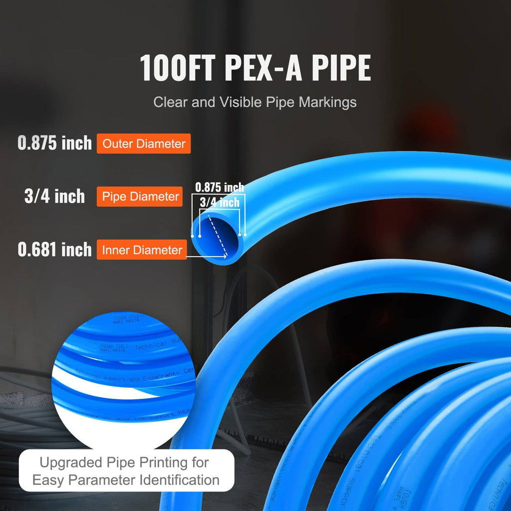 Blue PEX-A pipe coil with visible surface markings, 3/4 in size