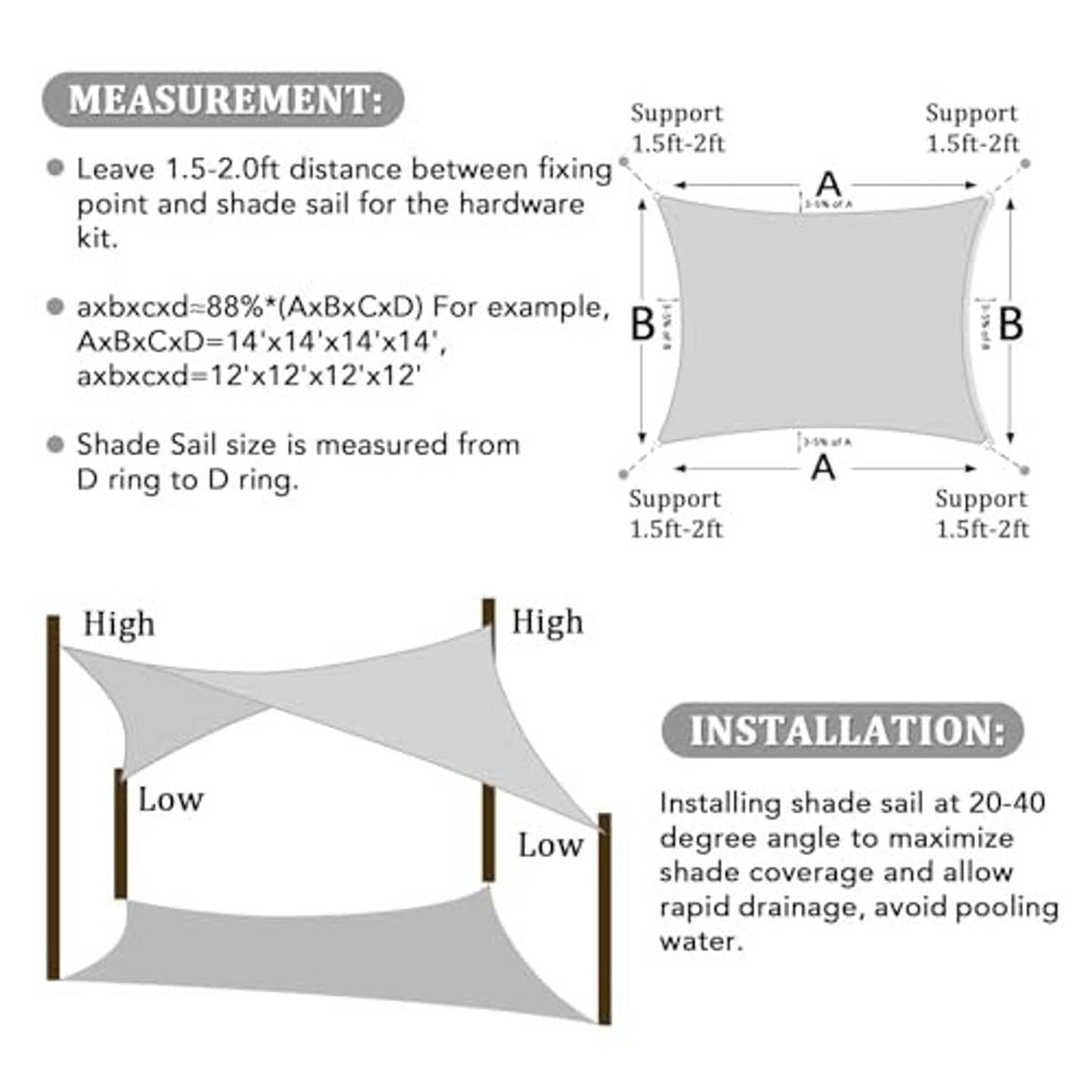 Rectangle shade sail diagram showing support points and installation setup