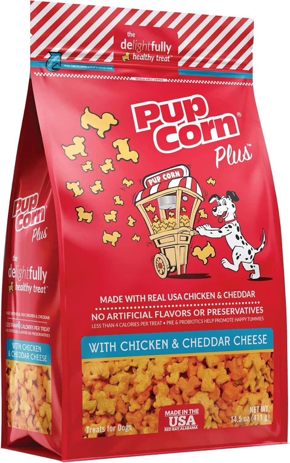 Red Pup Corn Plus dog treat bag with chicken & cheddar cheese, shown with treat pieces