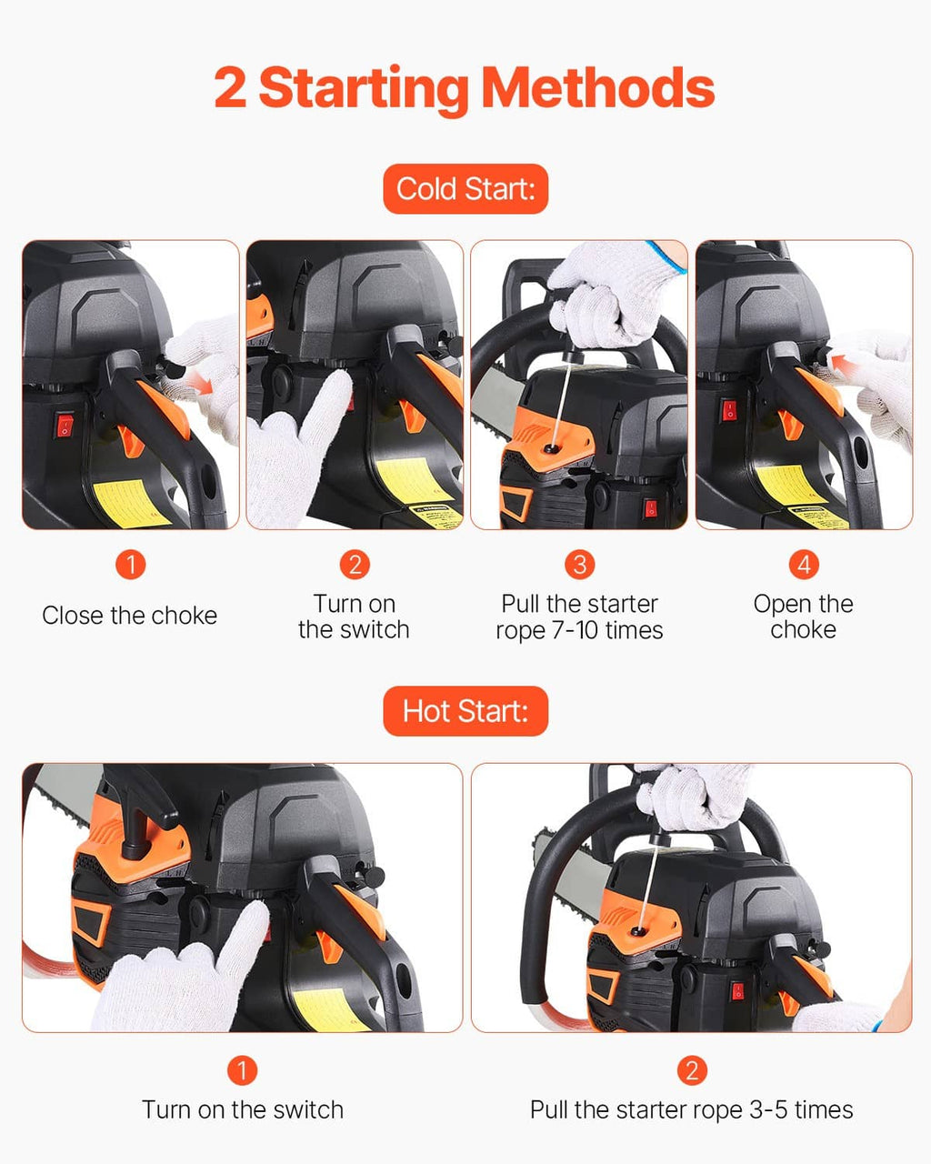 Chainsaw showing cold and hot start steps with choke and starter handle controls