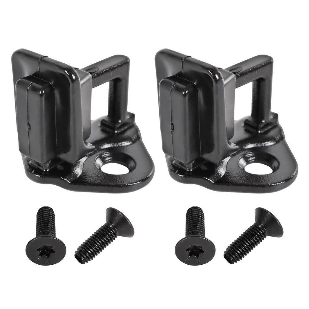 Two black door lock striker brackets with four mounting screws
