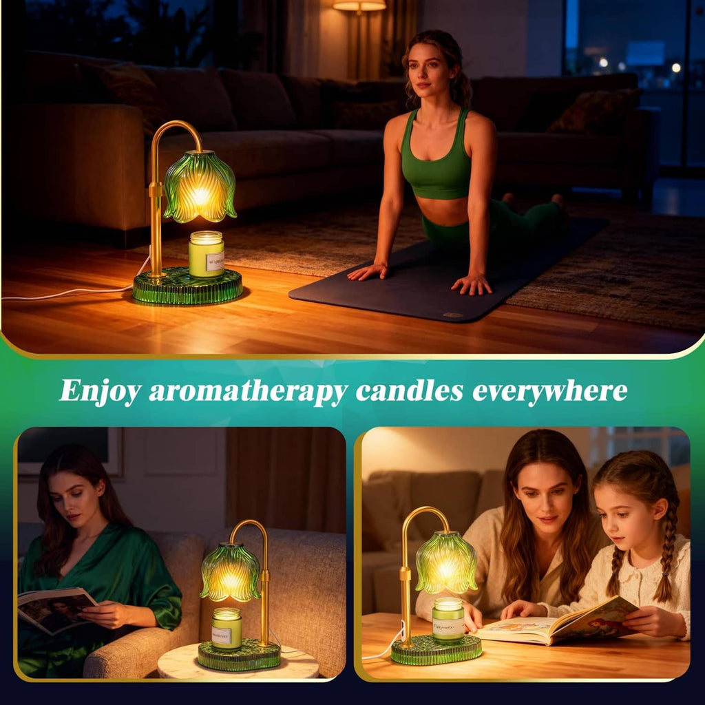 Green flower-style candle warmer lamp with gold stand and glowing glass shade