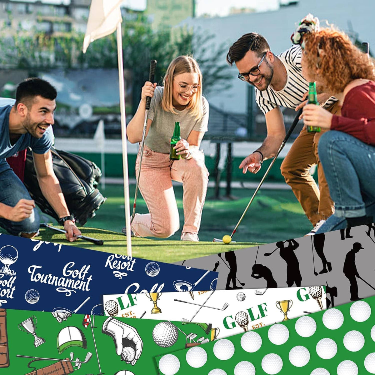 Golf scrapbook paper strip pattern with golfer silhouettes, golf balls, and trophy-themed graphics
