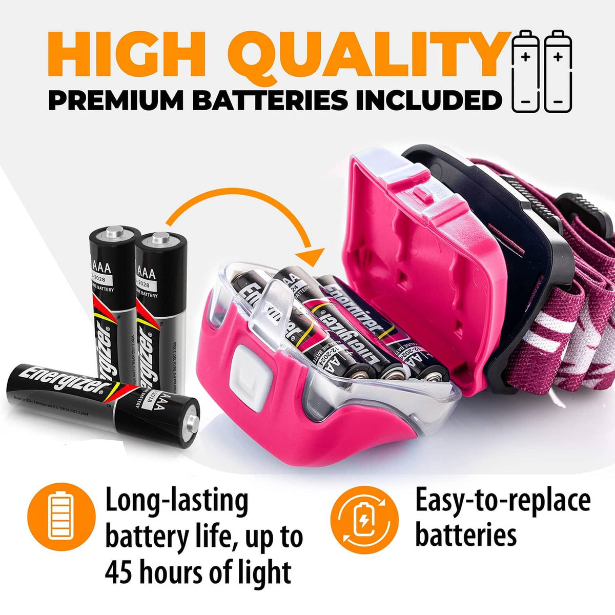 Neon pink LED headlamp with two AA batteries and open battery compartment
