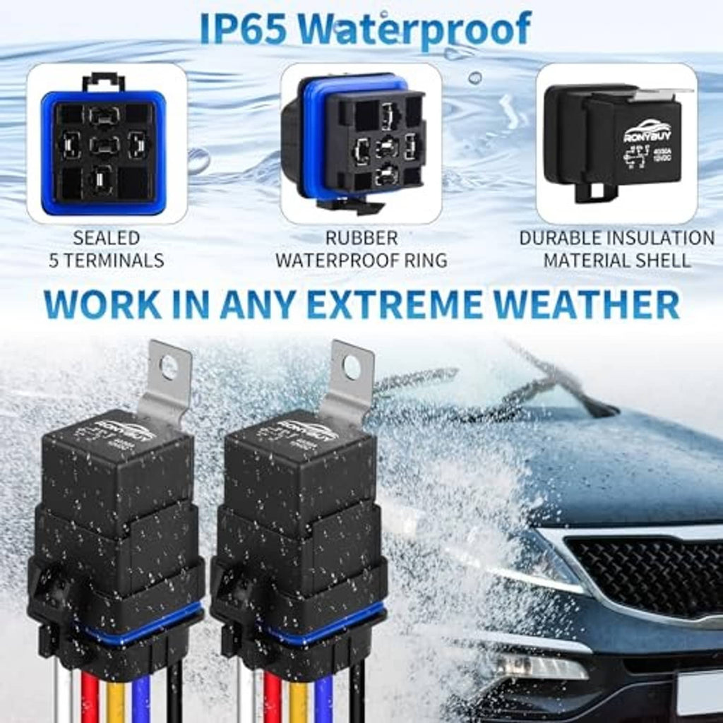 IP65 waterproof 5-pin relays, black modules with sealed terminals and blue insulation ring