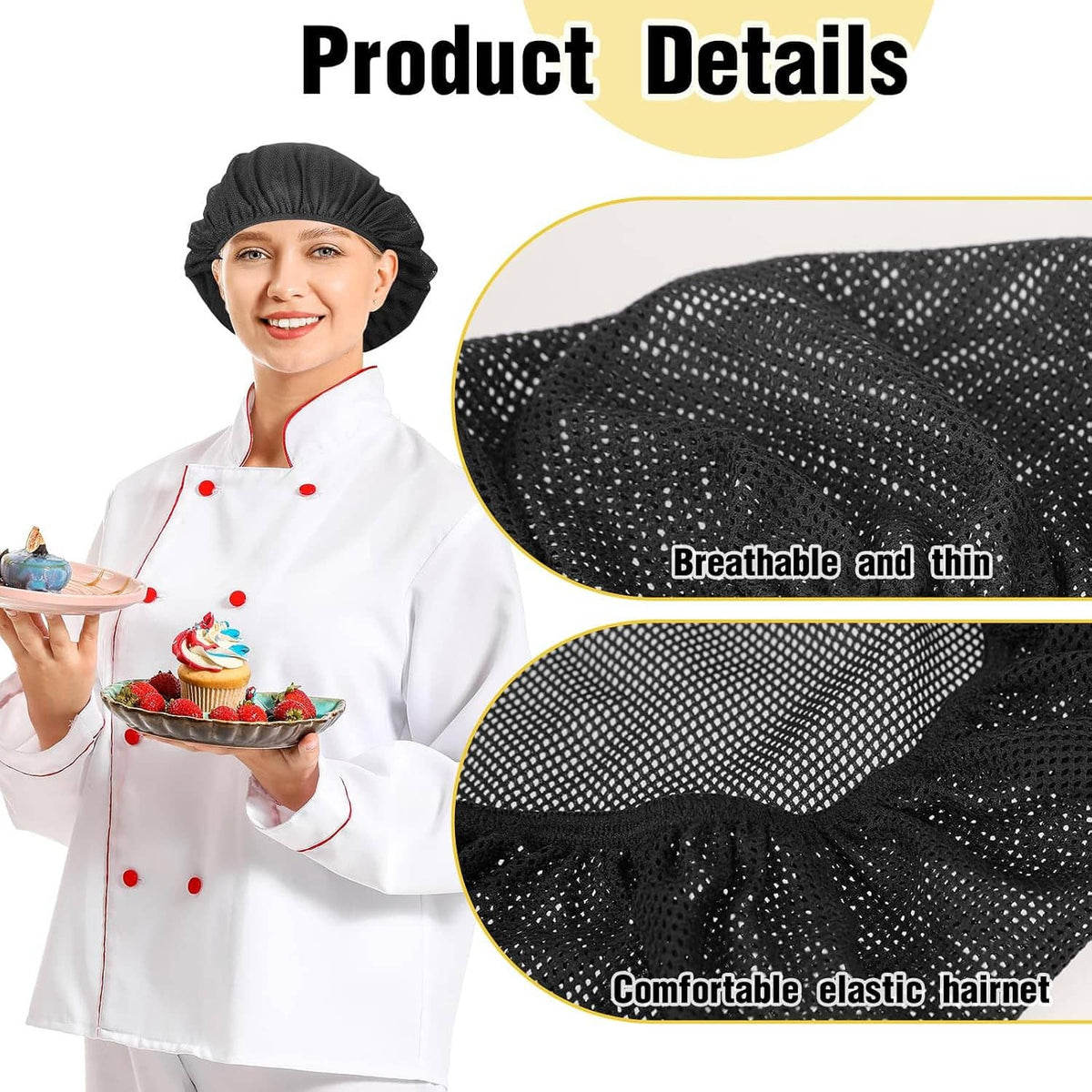 Black breathable mesh chef hairnet cap with elastic edge