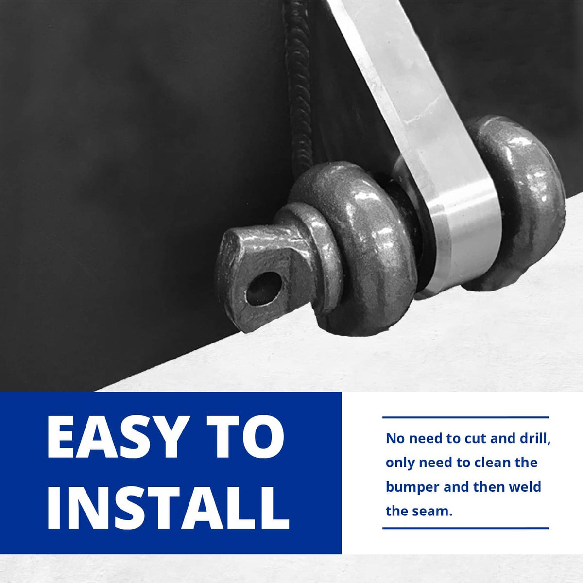 Steel clevis mount with round hole for shackle pin, attached to bracket.