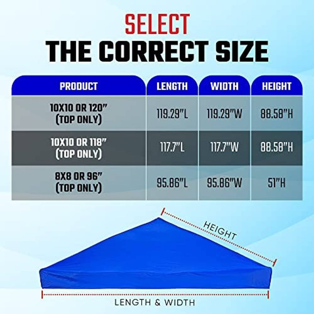 Blue pop up canopy roof cover shown with replacement size layout