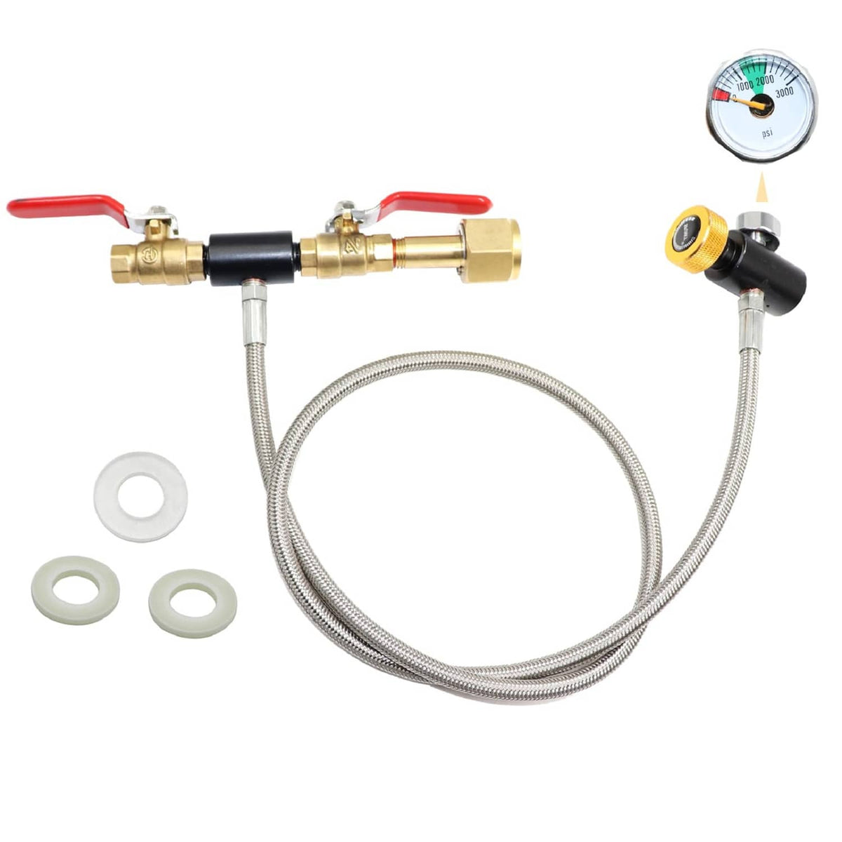 CO2 cylinder refill adapter hose with braided metal line, brass connectors, and pressure gauge