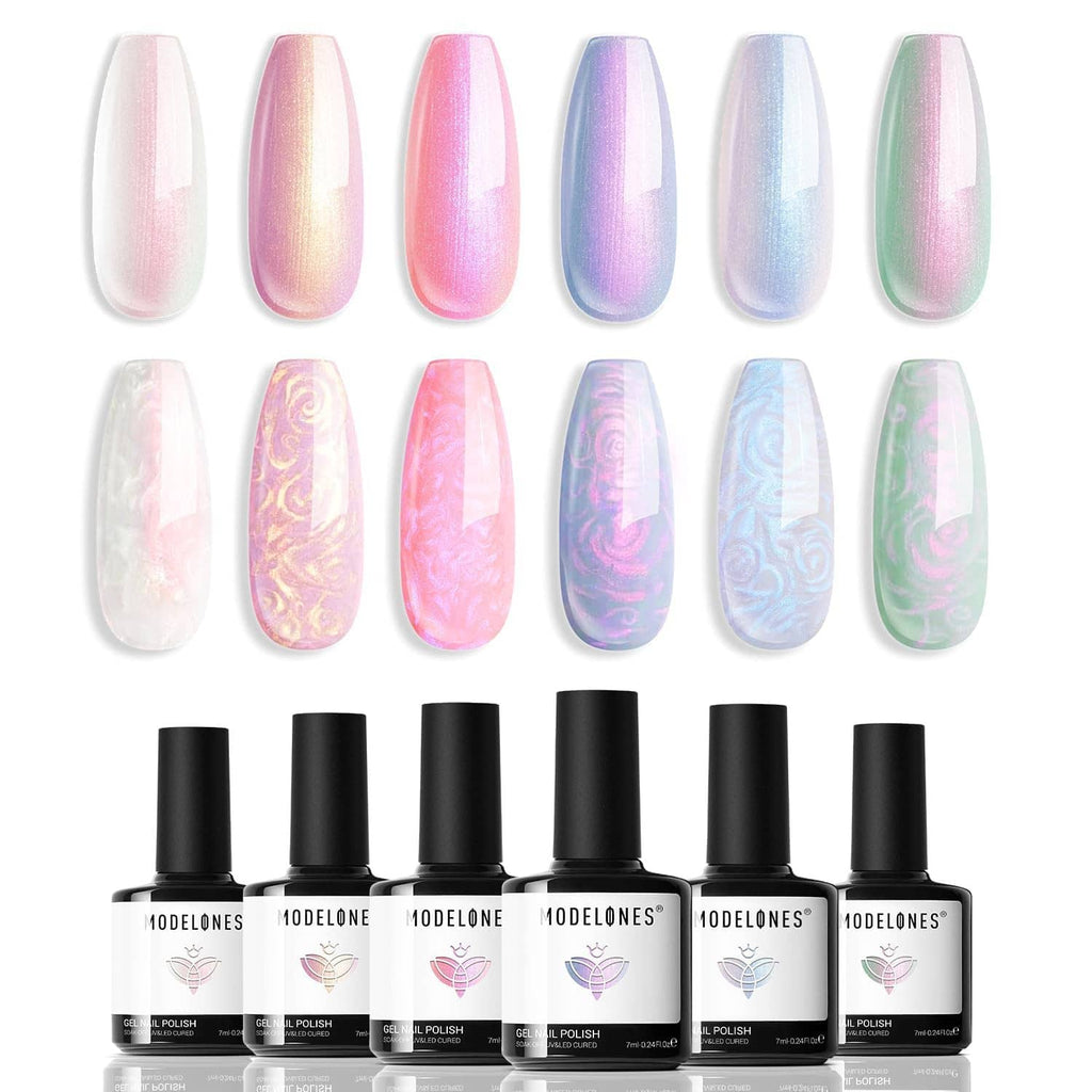 Iridescent pearl gel nail swatches with six gel polish bottles in pastel tones