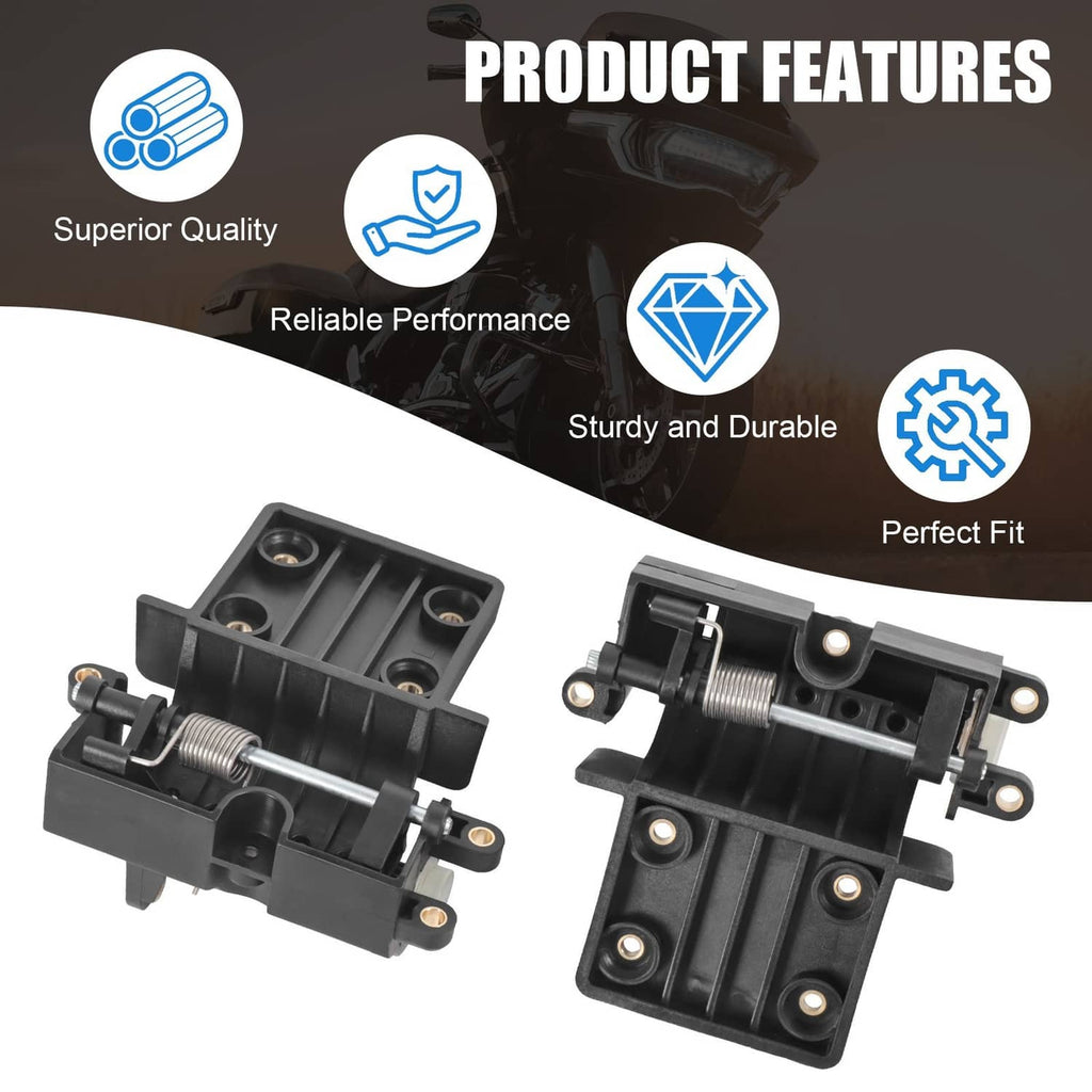 Pair of black glove box hinges with spring-loaded mechanism and stud mounts