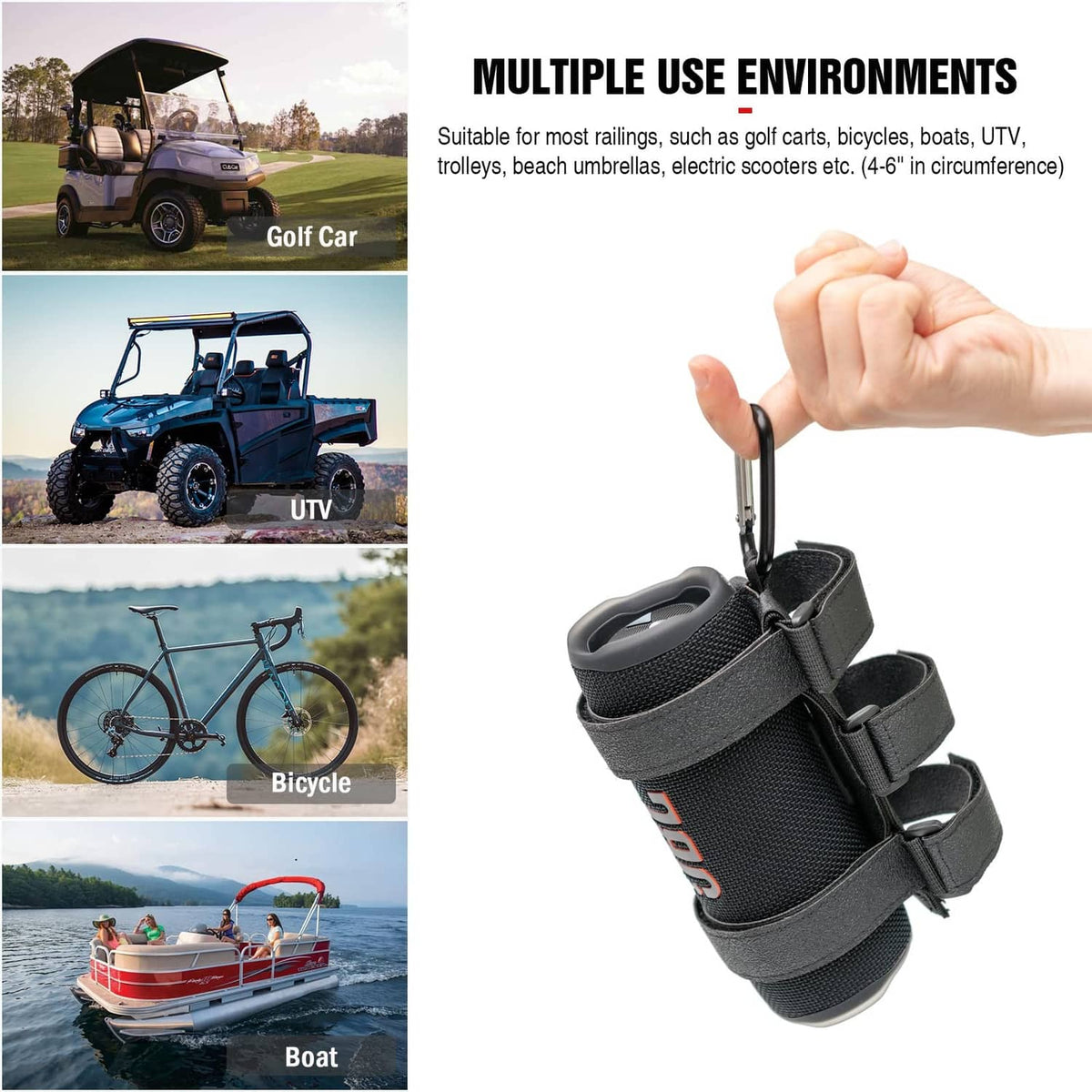 Black adjustable speaker mount held in hand with Velcro straps for railing attachment