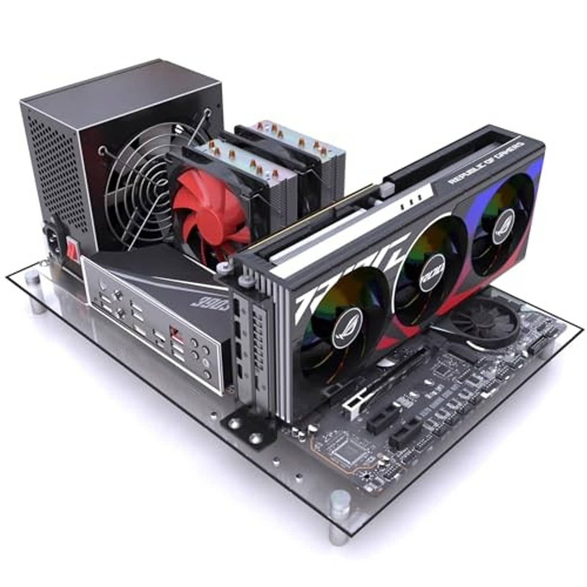 Open-frame PC test bench with installed graphics card, cooling fans, and motherboard components
