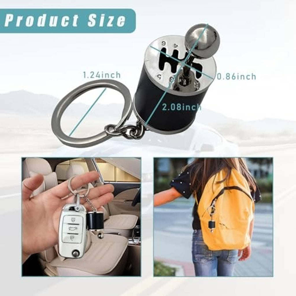 Car gear shifter keychain with black and silver H-pattern top and attached keyring