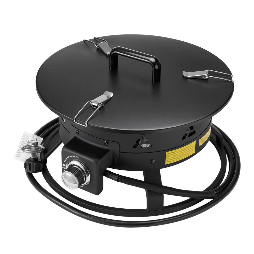 Black propane gas fire pit with round lid, ignition control knob, portable outdoor heater