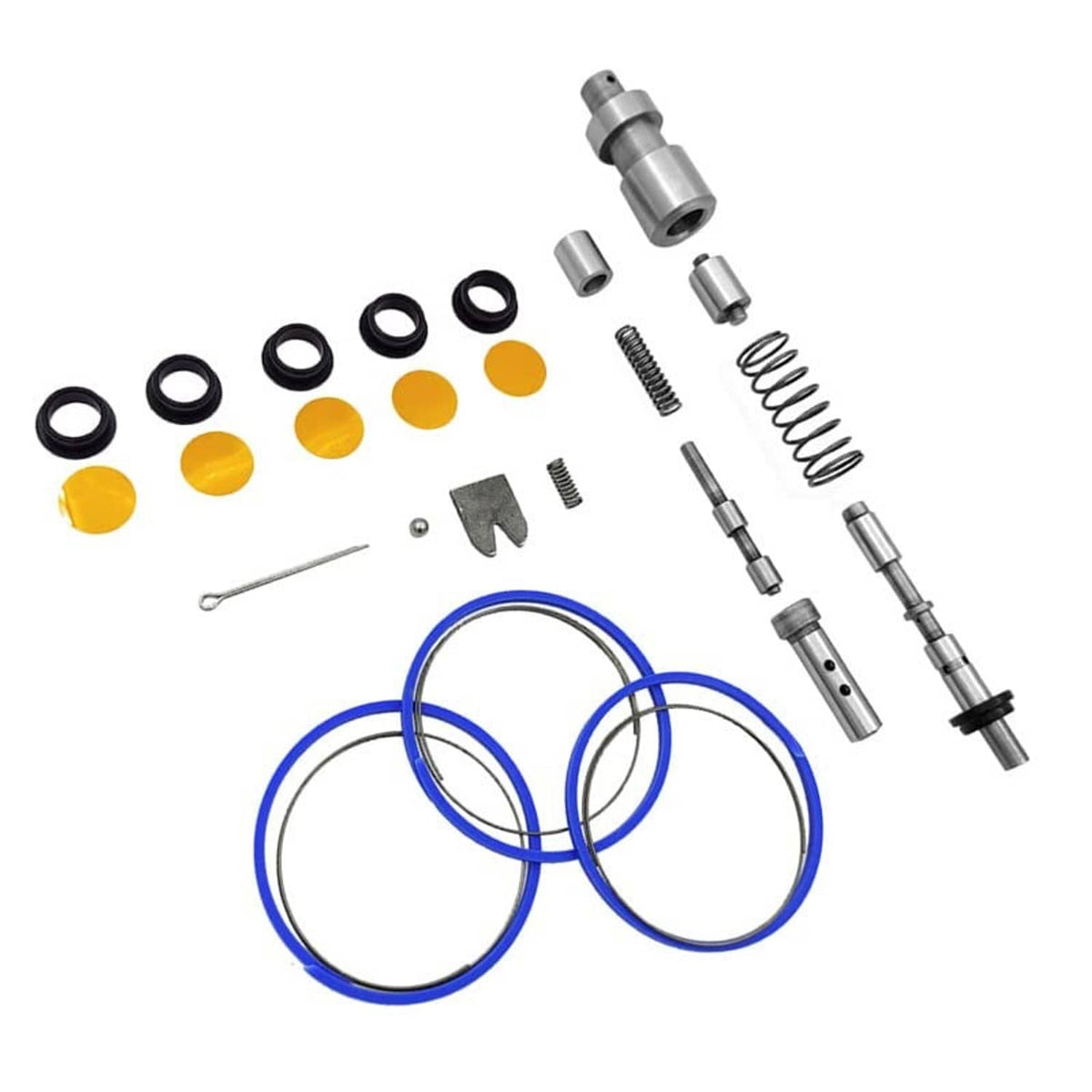 Transmission shift repair kit parts: metal shafts, blue O-rings, yellow seals, springs
