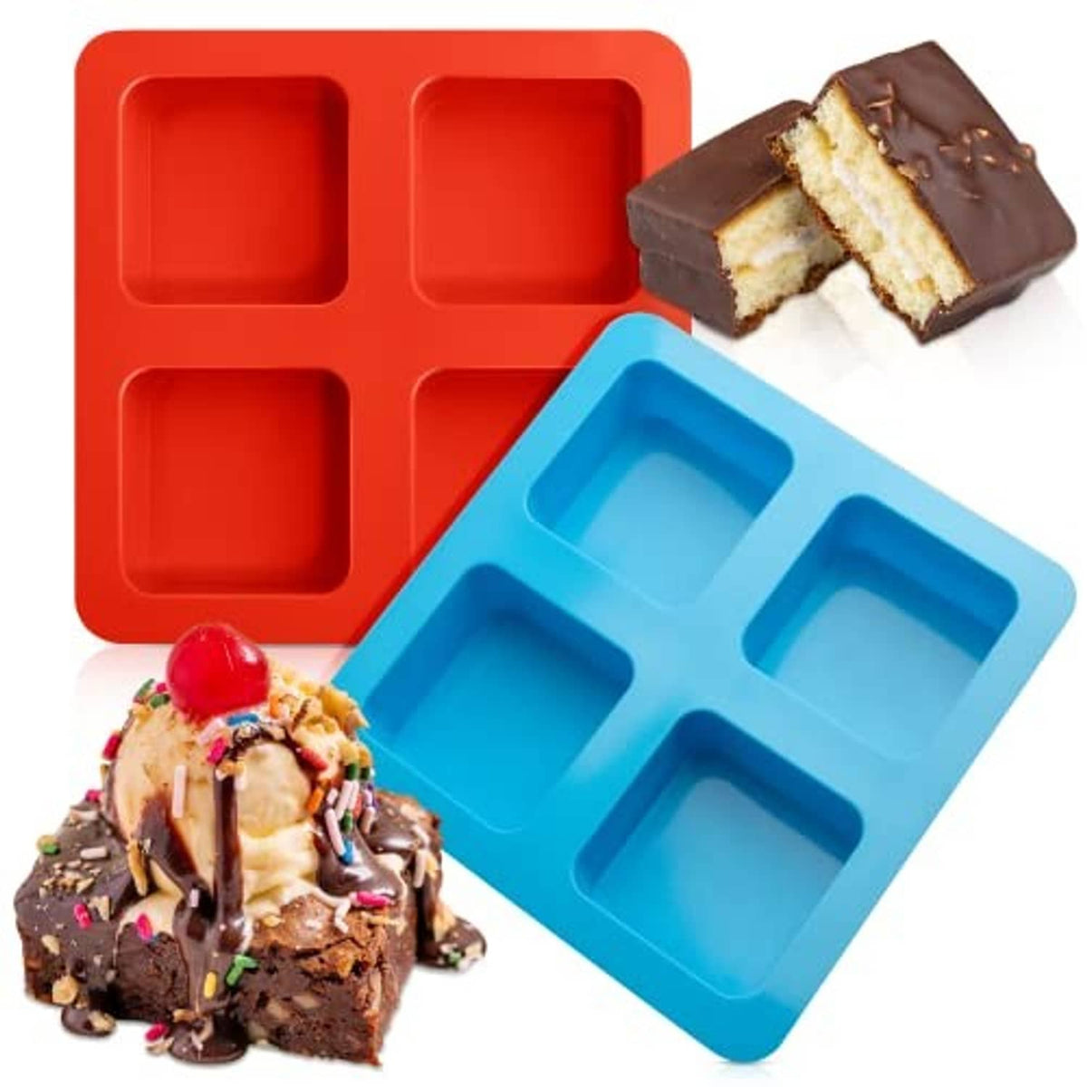 Silicone brownie pan set with 4 square non-stick cavities, 2-piece red and blue molds
