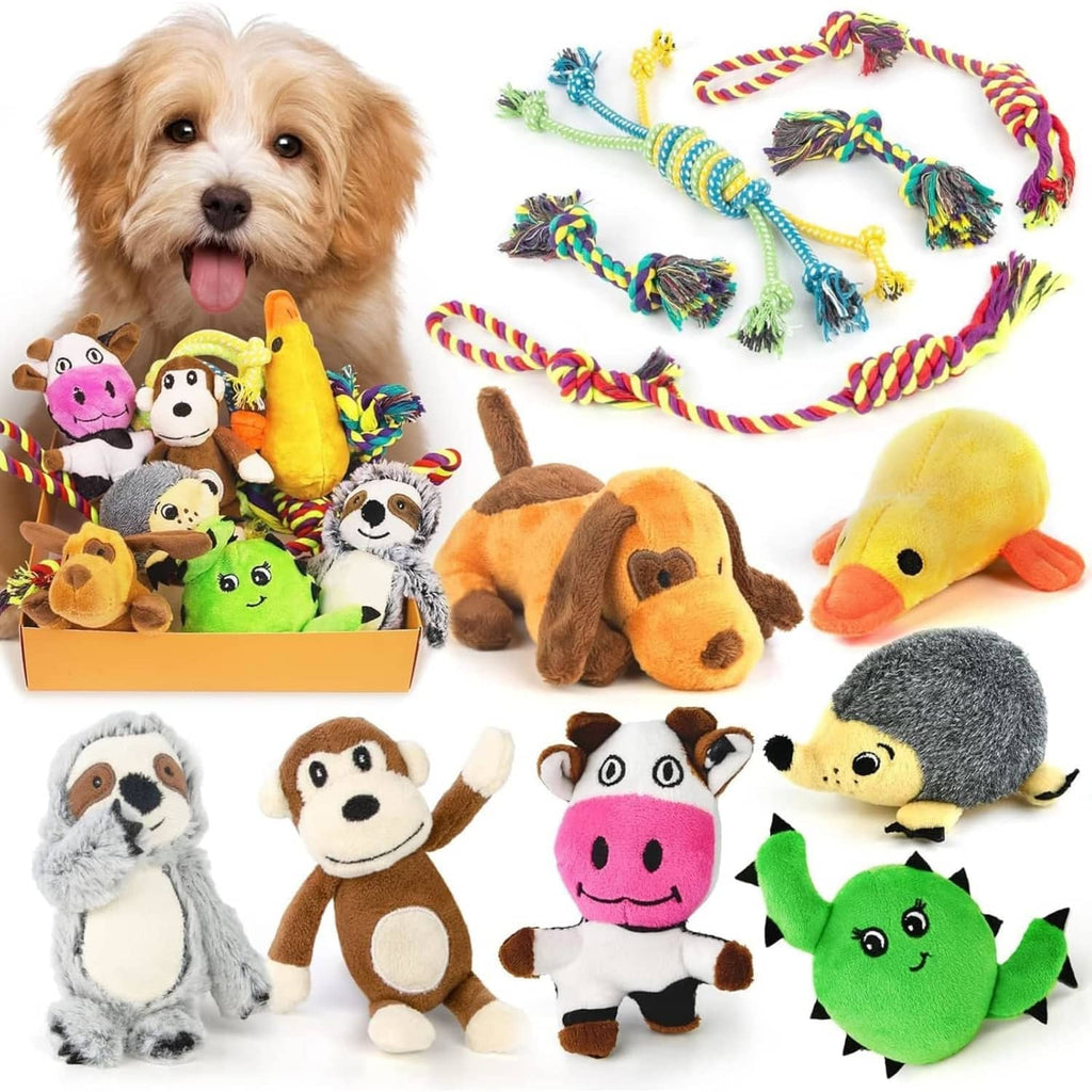 Assorted plush squeaky toys and cotton rope tug toys, 12-pack set
