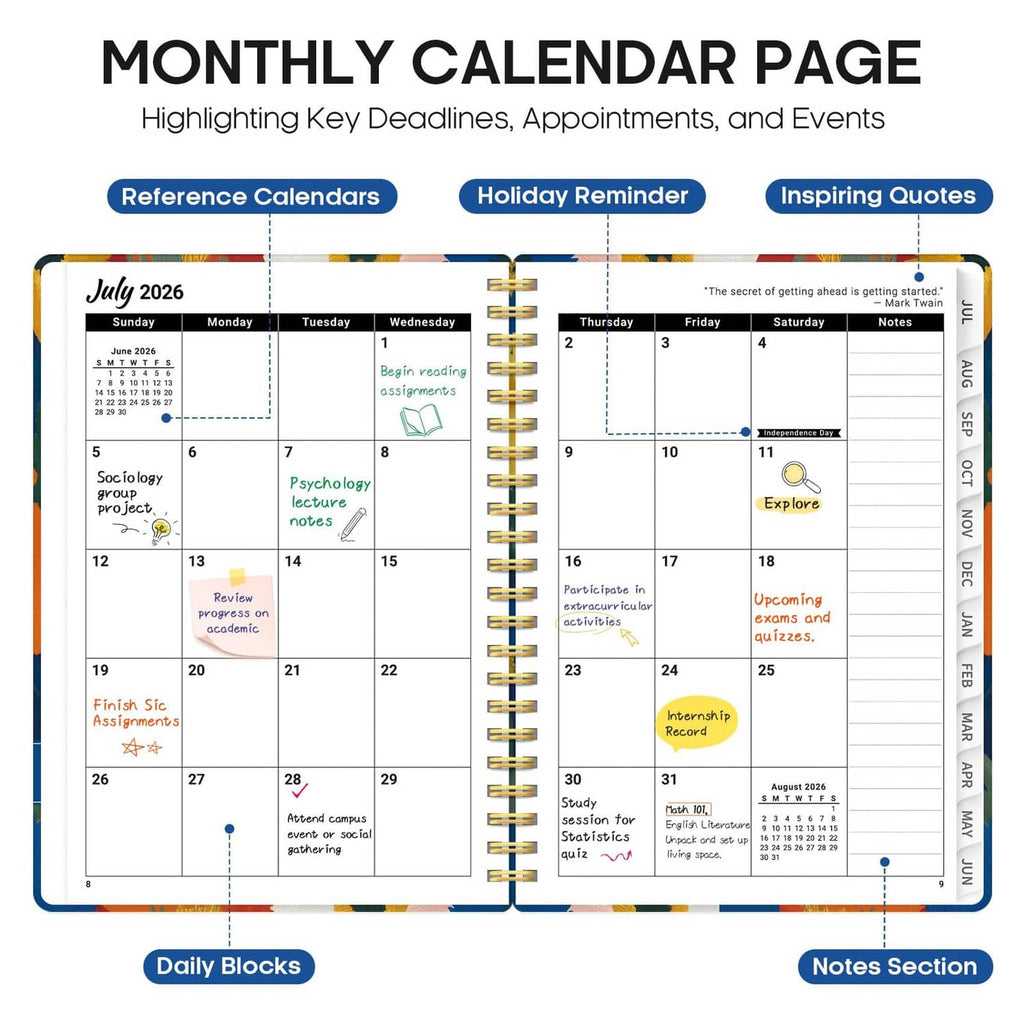 2026–2027 monthly calendar page with highlighted key dates, appointments, and events grid