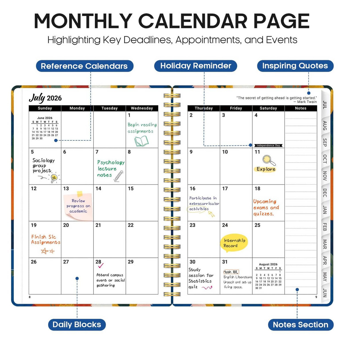 2026–2027 monthly calendar page with highlighted key dates, appointments, and events grid