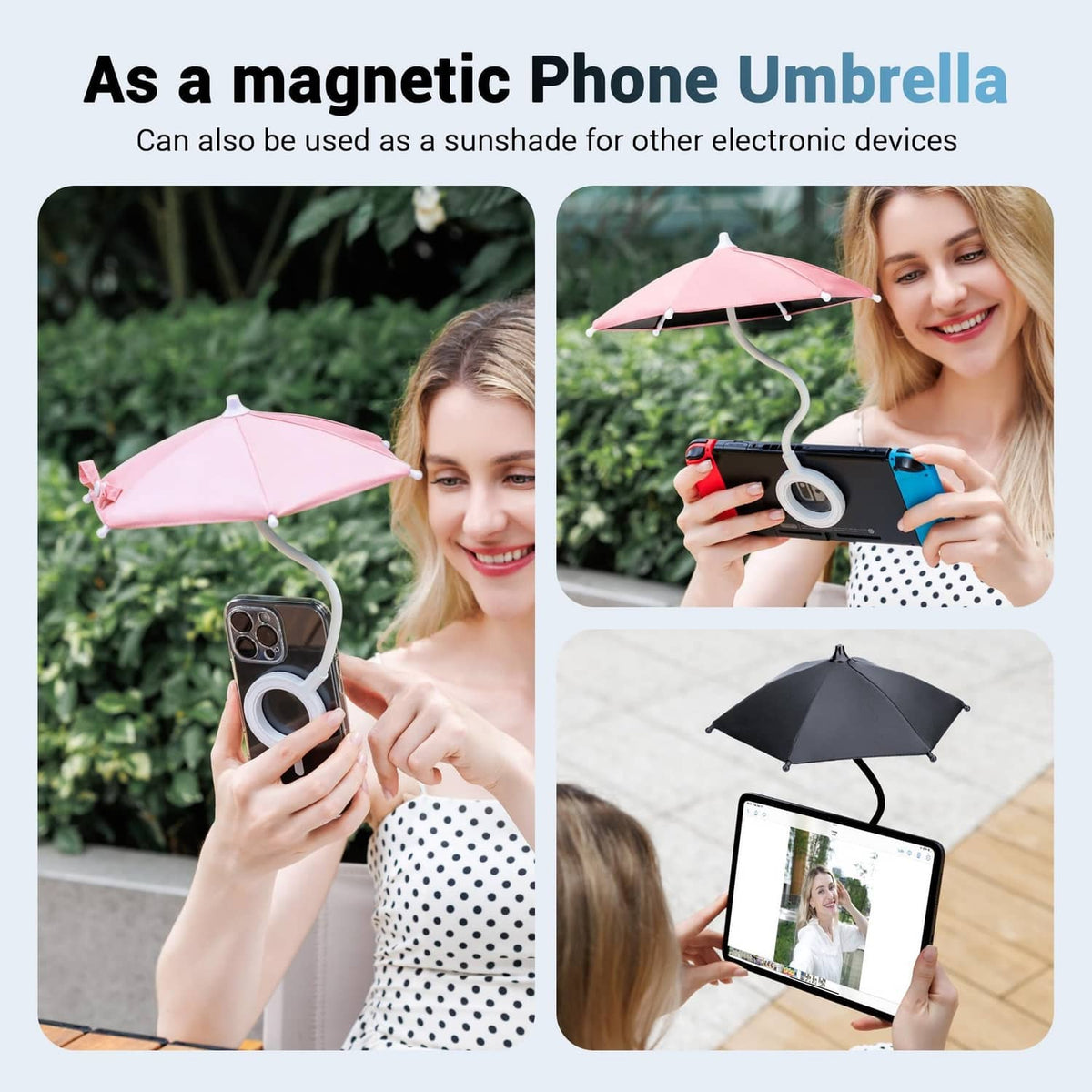 Pink magnetic phone umbrella used as a sunshade with hook-style phone mounting.