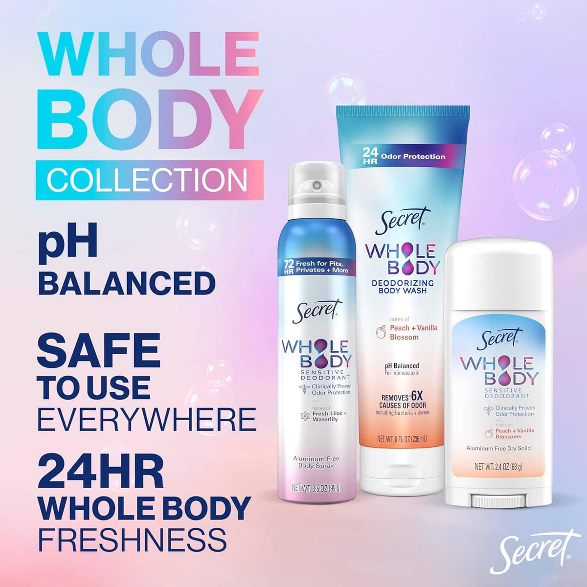 Secret Whole Body collection: deodorizing body wash and deodorant spray, pH balanced