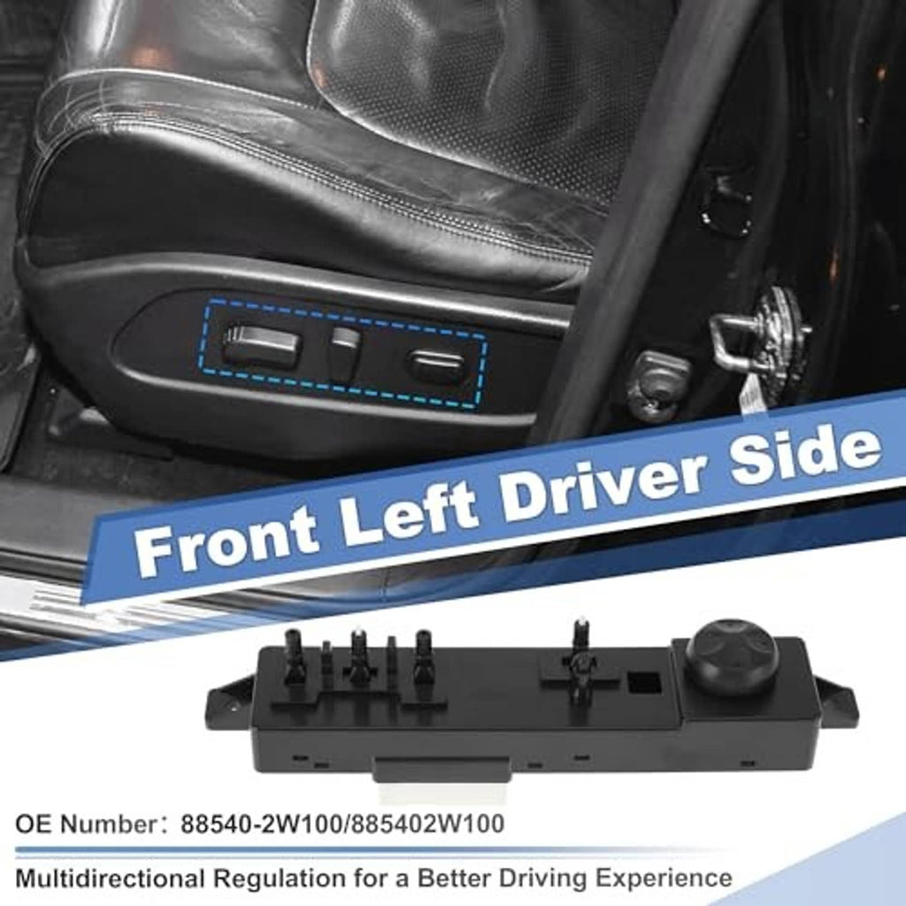 Front left driver side power seat switch with black control knob and button panel