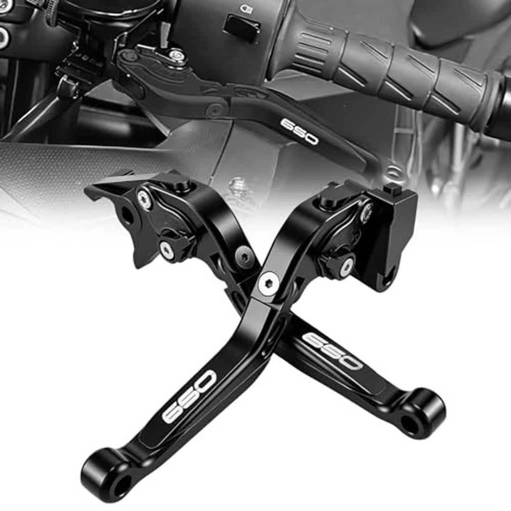 Black adjustable motorcycle brake and clutch levers with mounting bracket hardware.