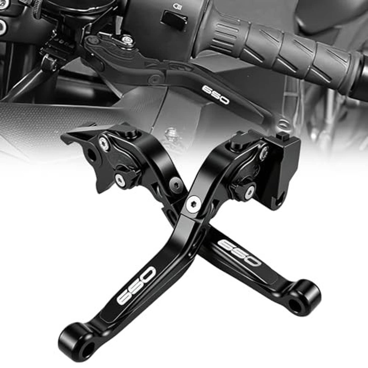 Black adjustable motorcycle brake and clutch levers with mounting bracket hardware.