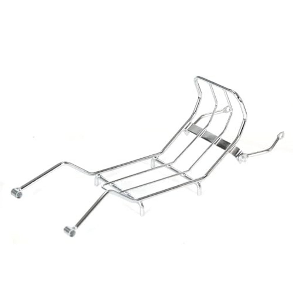 Chrome motorcycle luggage rack carrier with curved side rails and mounting arms