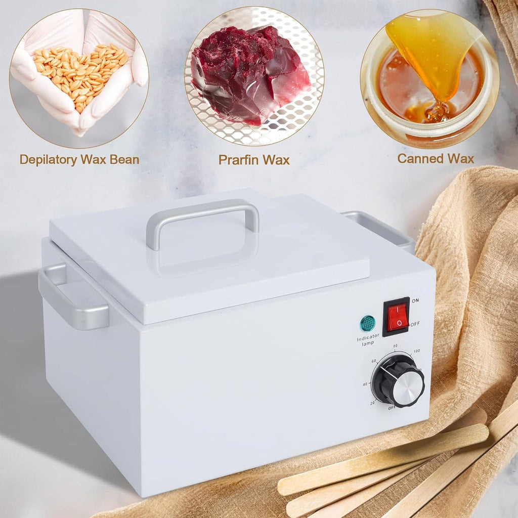White wax warmer base with lid handle and front temperature control; wax containers shown