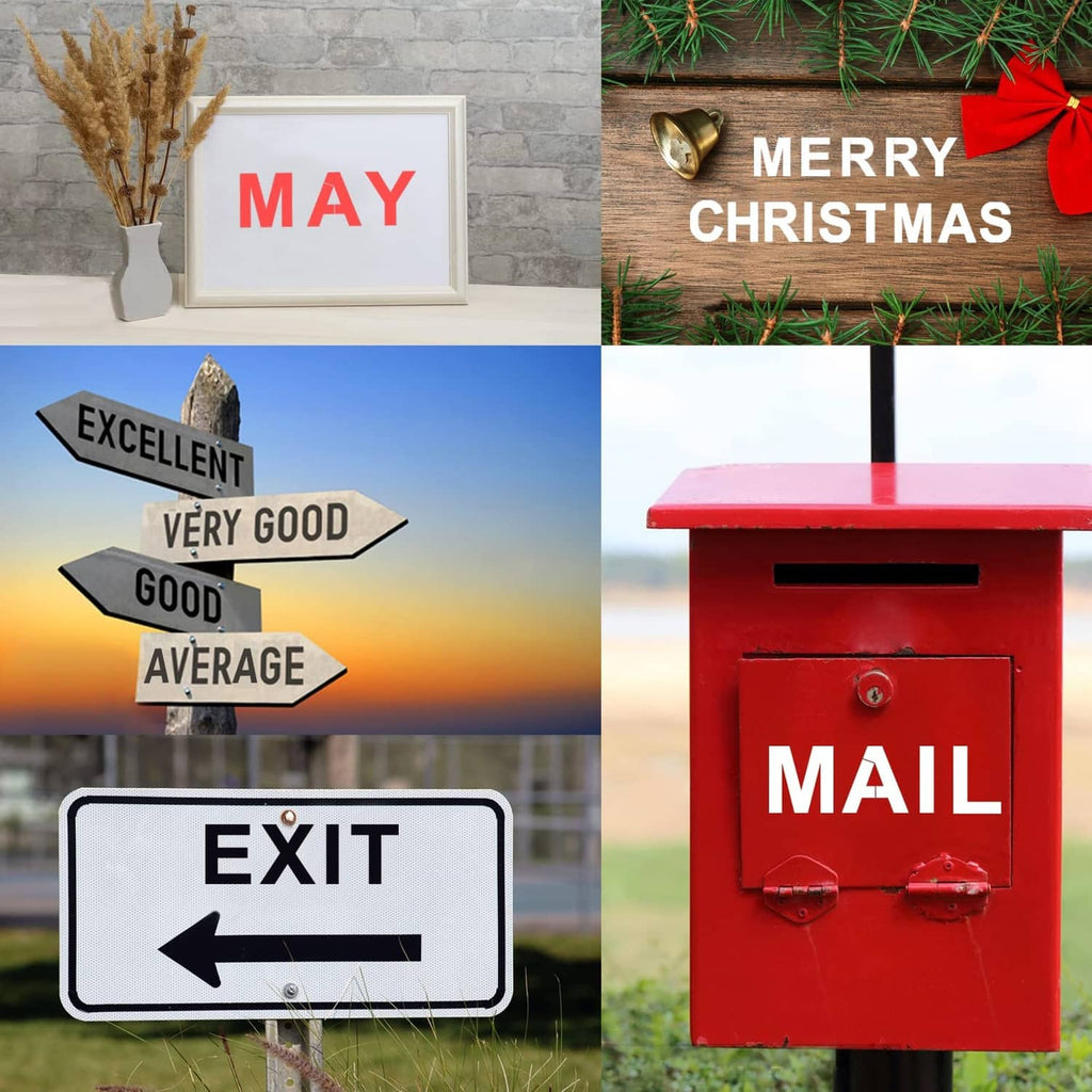 Large letter and number stencil set shown with stenciled holiday signs: MAY, MERRY CHRISTMAS, MAIL