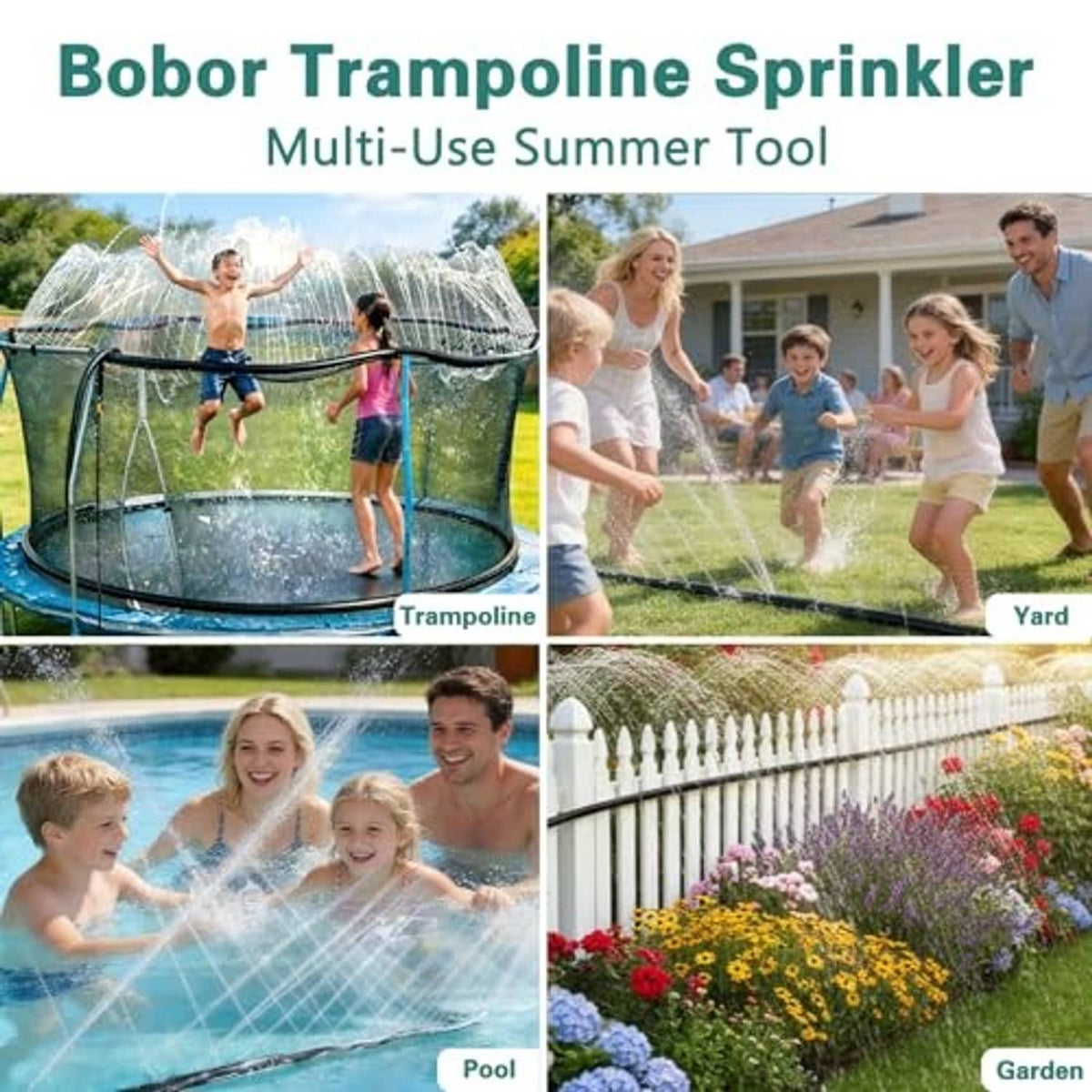 Trampoline sprinkler water jets spraying across a yard trampoline for summer fun