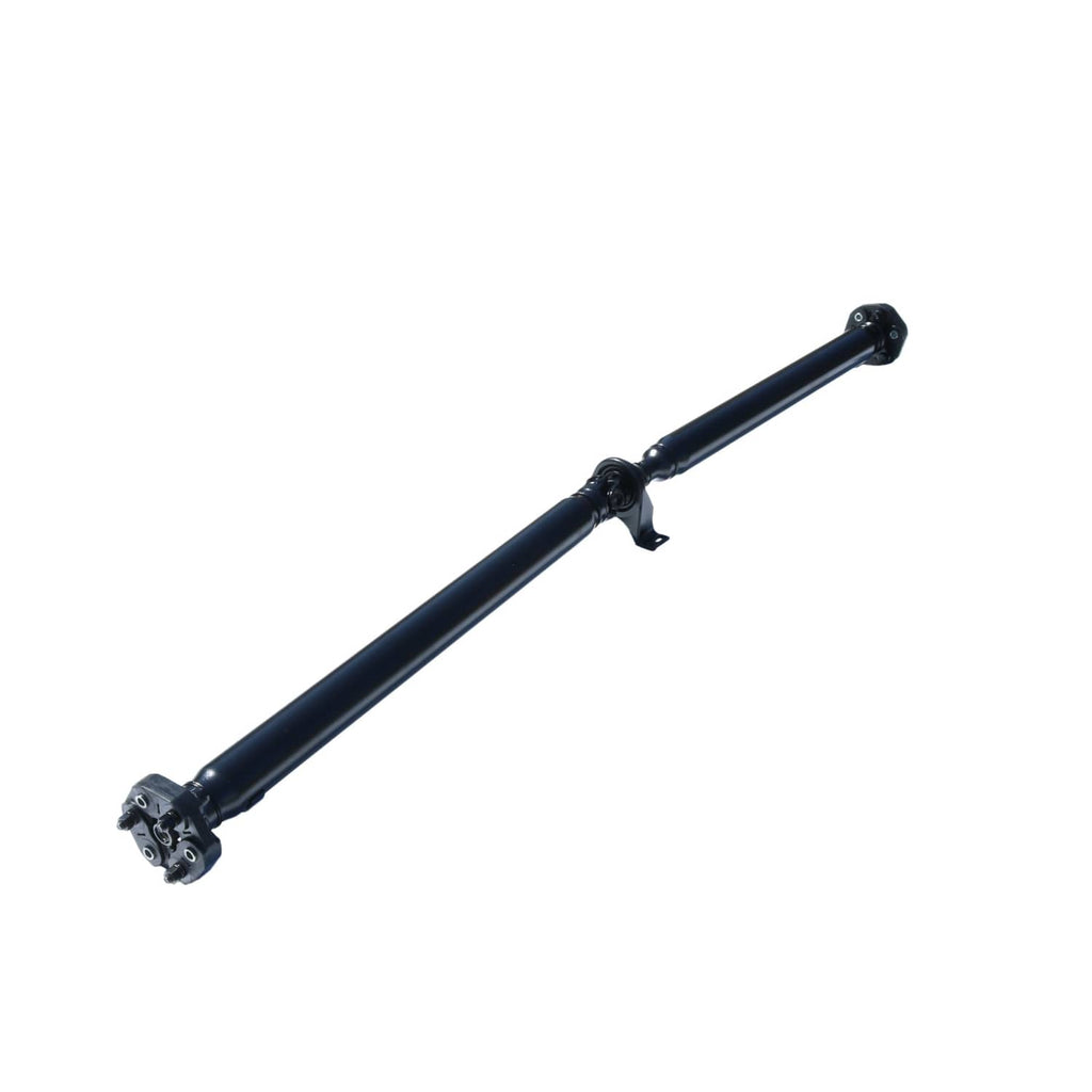 Rear drive shaft side view with dark blue steel tube and U-joint yokes at ends.