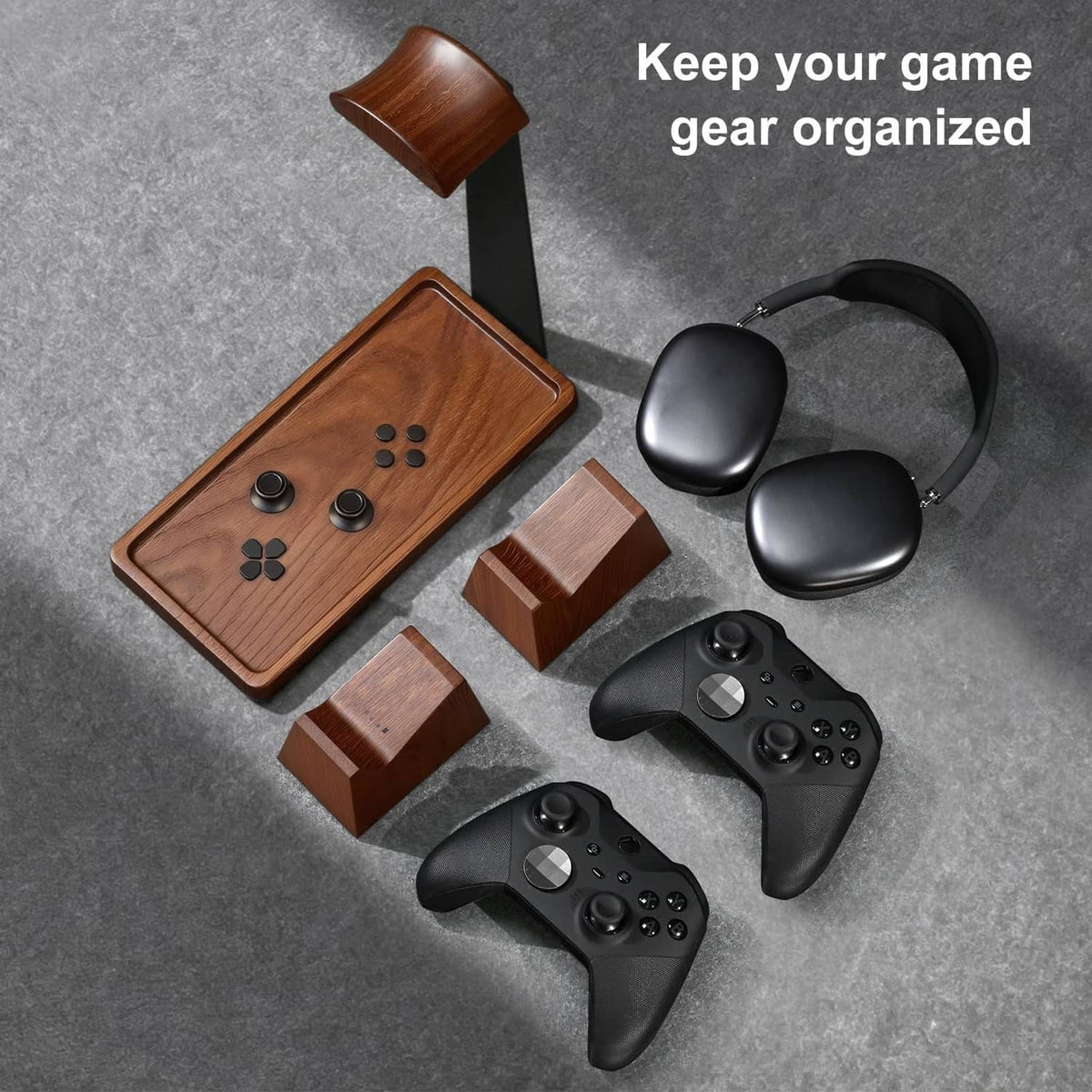 Overhead view of wood headset stand with two controller holders and separate controller rests