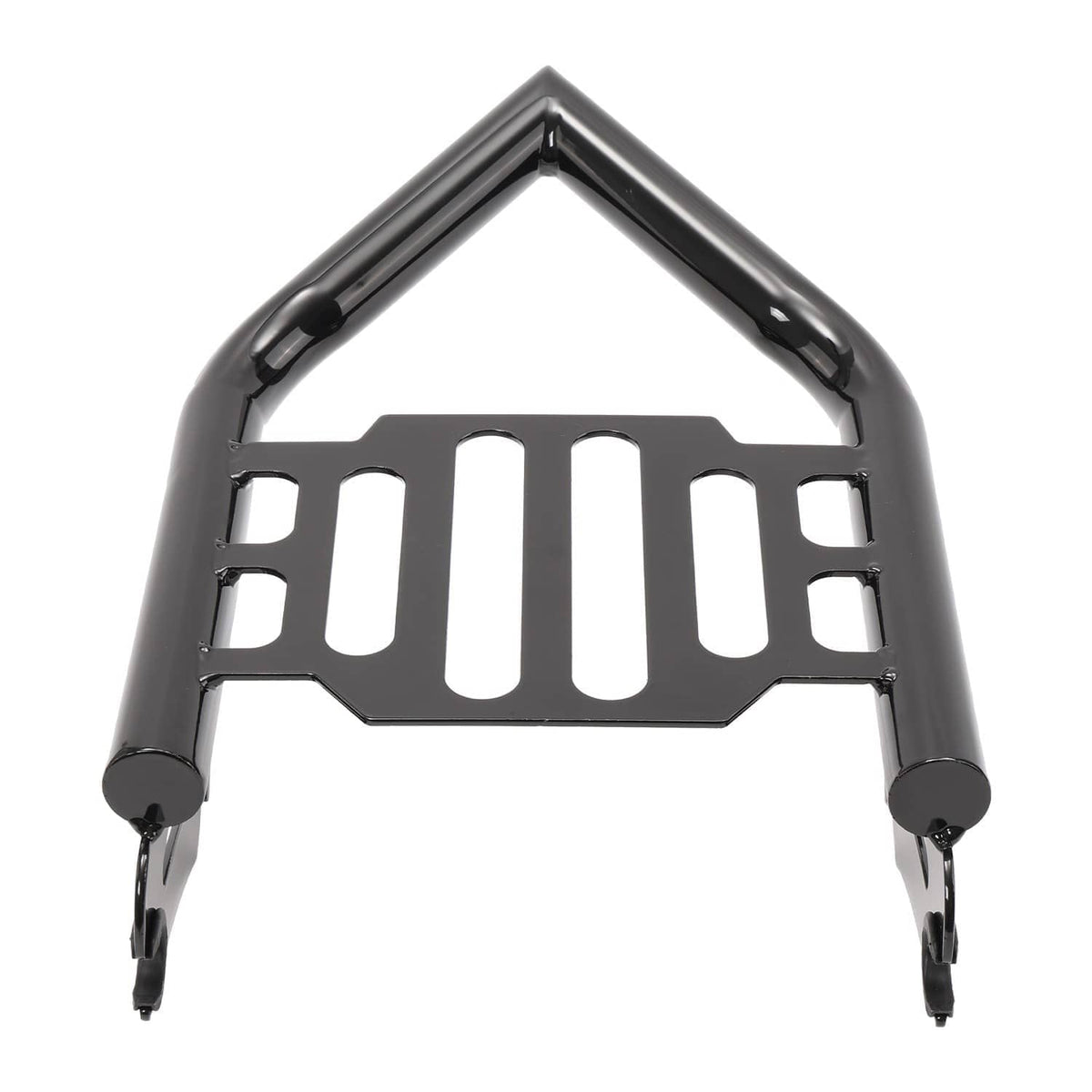 Black two-up motorcycle luggage rack top view with slatted center and four feet