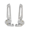 Silver folding motorcycle footpegs set with ridged platform and mounting screws