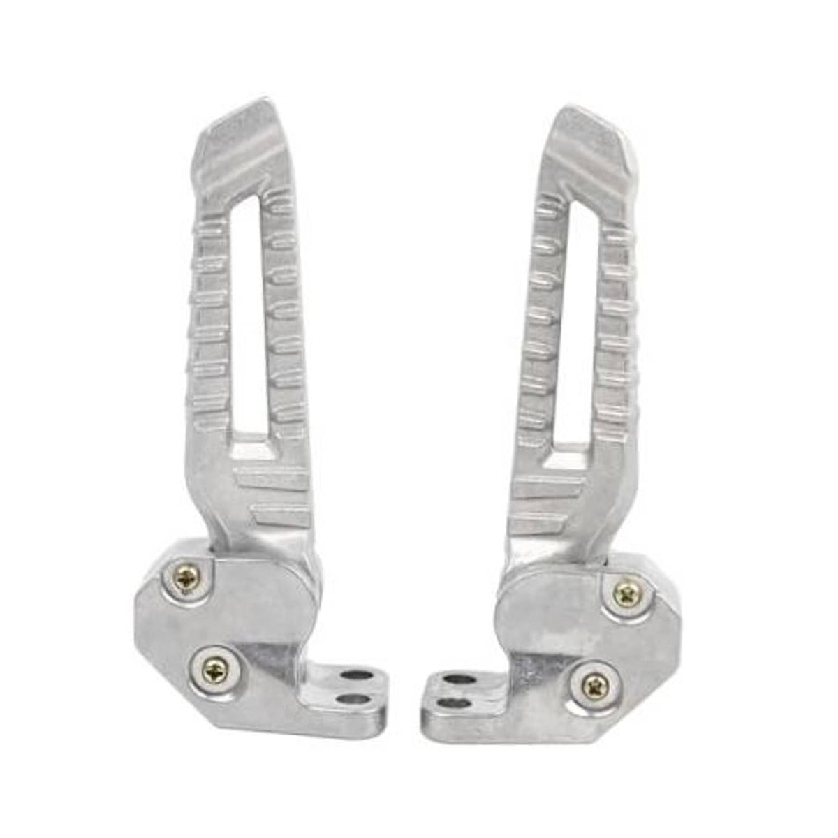 Silver folding motorcycle footpegs set with ridged platform and mounting screws