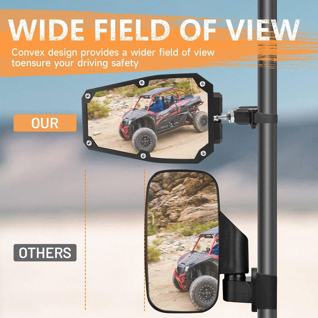 Black UTV rear view side mirror with convex lens and clamp on roll bar